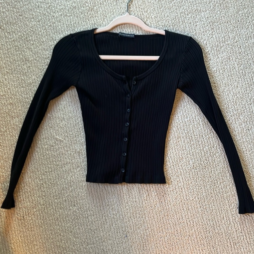Brandy Melville Black Ribbed Scoop Neckline Button-Up Long-Sleeve Shirt